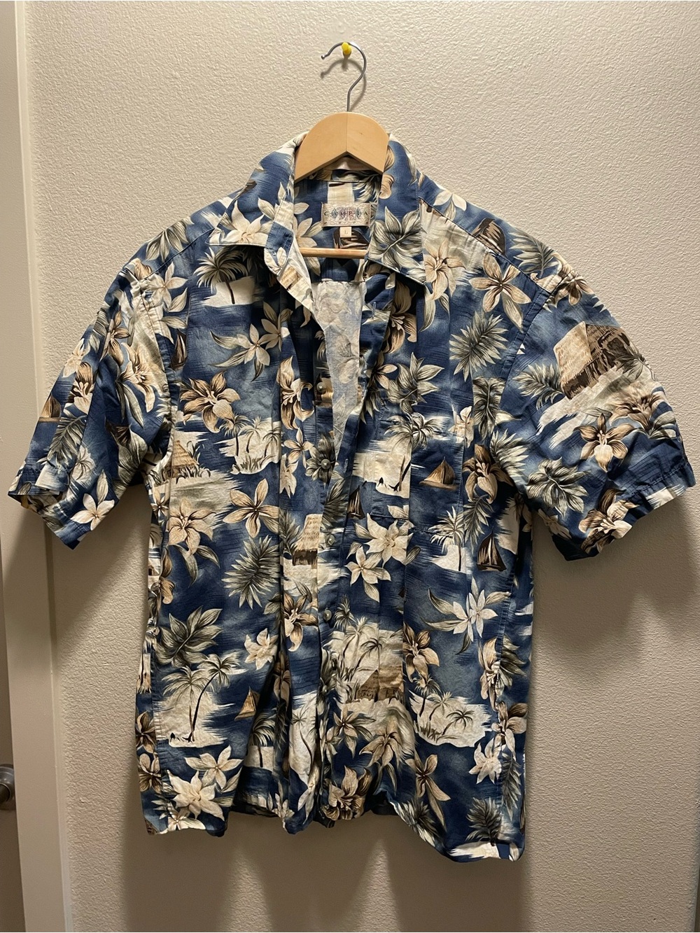 Vintage Campia Moda Men's Blue Tropical Leaf Short-Sleeve Hawaiian Shirt XL